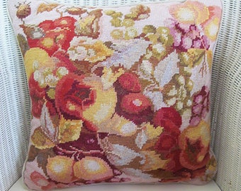 Plump vintage needlepoint cushion/pillow~Glorious fruits in rich, glowing colours~Complete with duck feather insert