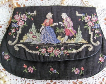 Superb vintage hand embroidered crepe evening clutch bag/purse~Romantic couple, roses & scrolls~Lovely sound condition~1930s