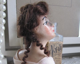 Sweet antique half doll~"Wax over" composition with bisque arms & mohair wig~Adorable boudoir display~Gift for her