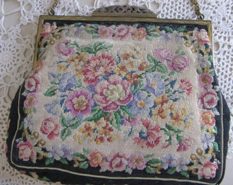 Beautiful antique micro petit point evening purse/bag~Made in Austria & finest quality~Lovely useable condition~Pretty flowers~Gift for her