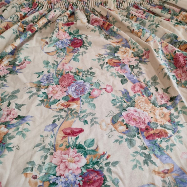 Vintage PAIR "Roses & Ribbons" curtains by Arthur Sanderson~1987 rosy chintz~Country house classic~