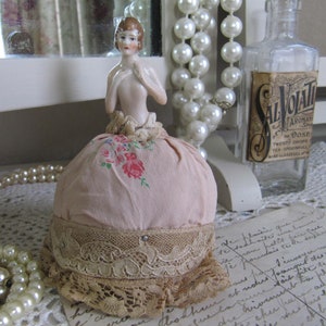 Sweet petite vintage pincushion with porcelain half doll with original pincushion~Made in Germany, model number 18340~Adorable display