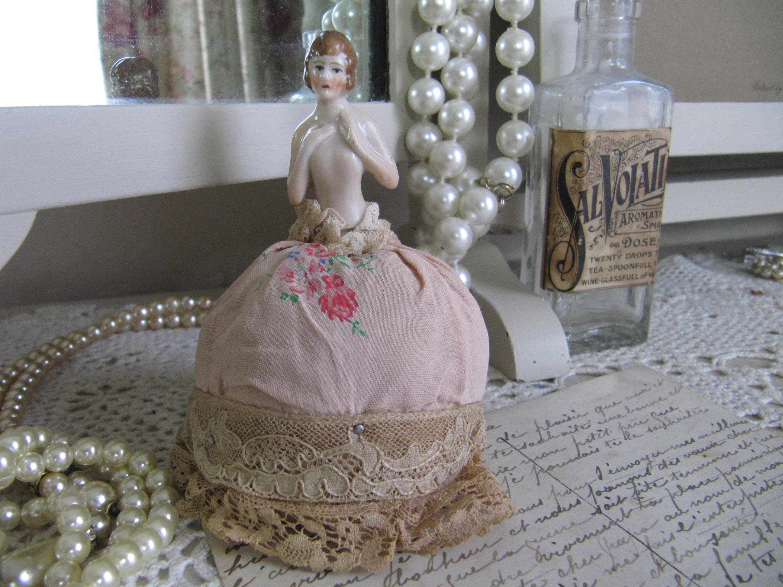 Sweet Petite Vintage Pincushion With Porcelain Half Doll With image