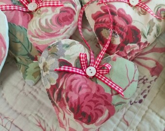 Pretty PAIR of plump, fragrant lavender heart sachets~vintage Laura Ashley Victoria fabric, gingham bow hanger & vintage button~Gift for her