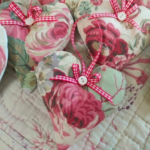 Pretty PAIR of plump, fragrant lavender heart sachets~vintage Laura Ashley Victoria fabric, gingham bow hanger & vintage button~Gift for her