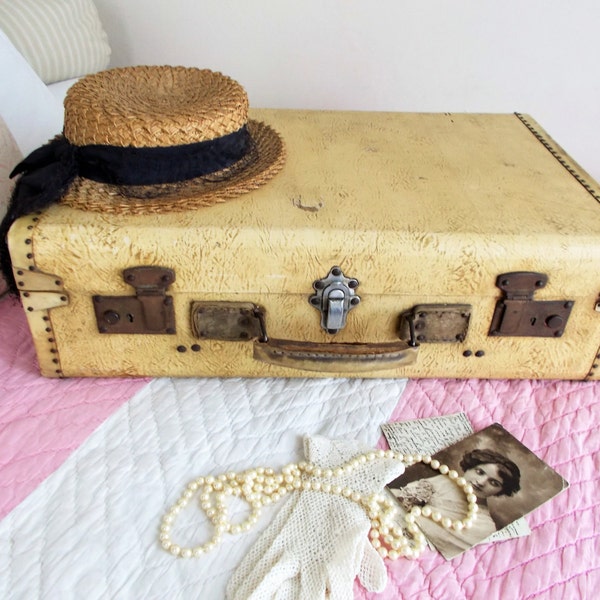 Fabulous VINTAGE FRENCH SUITCASE~c1920s-30s~Bentwood foundation & vellum-reinforced edges~Warm butter-cream faux vellum leather finish