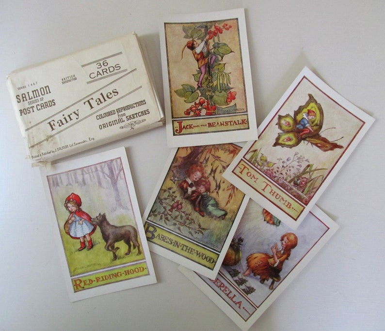 Suberb collection of 36 rare UNUSED VINTAGE Fairy Tale POSTCARDS illustrated by Flora White /& printed by J Salmon Ltd