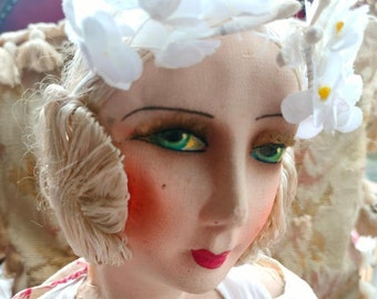 Antique FRENCH BOUDOIR Doll/Poupée de salon~c1920s-30s~Pretty hand painted face with big aqua eyes & long fluffy lashes