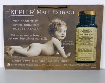 Adorable antique extrait de MALT KEPLER Boutique affiche carte ~ Copyright 1913 ~ très épais, solide carte avec bords chanfreinés ~ affichage merveilleux
