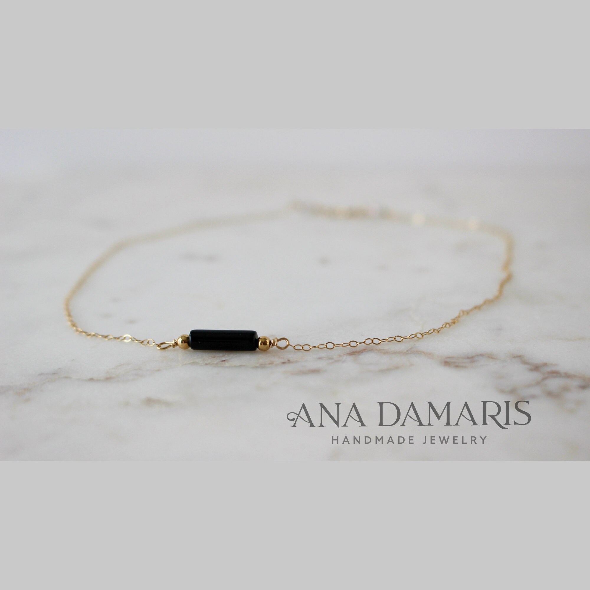 Black Onyx Bar Chain Necklace, Black Pendant Necklace, Minimalist