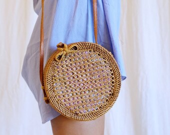 SOL Crossbody Round rattan bag with custom lining insert, round wicker bag, ata bag,