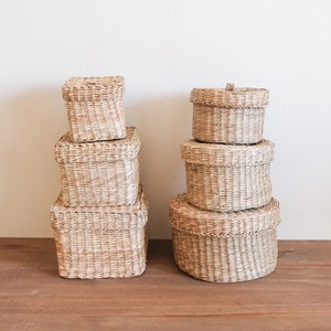 Trio nested vanity baskets in Square  and Oval for small items, Woven Bath Storage Canister, makeup storage, small storage box, mini basket