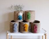 Ava basket with colourful tassels in Green, coral, mustard, planter basket, toy storage seagrass basket eco friendly zero waste living