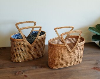 Rhoda top handle bag, rattan day bag , vacation bag, mid size bag, mother's gift, wicker bucket bag