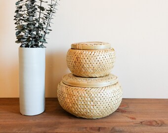 LA LUNE Nested  Bamboo Baskets with lids, vanity storage baskets, make up storage, planter basket, nested bamboo basket