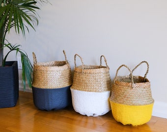 Hand painted seagrass planter baskets, woven basket, belly basket, toy basket, nursery basket, market basket, decorative basket