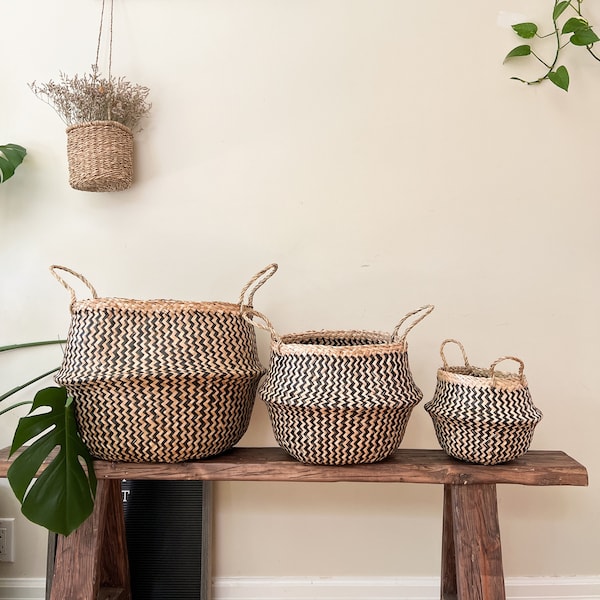 Zigzac pattern belly basket, Boho basket, Woven basket, Laundry Basket, Modern planter, Seagrass planter, planter pot, storage basket