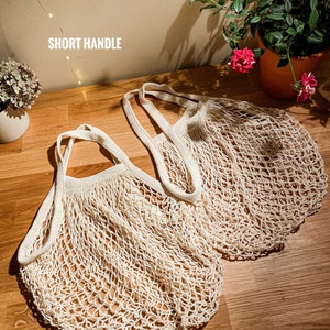 Long handle Net market Bag in Ivory/ cream color , Market bag, grocery net bag, beach bag, string bag, mesh bag, image 6