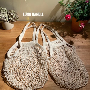 Long handle Net market Bag in Ivory/ cream color , Market bag, grocery net bag, beach bag, string bag, mesh bag, image 5