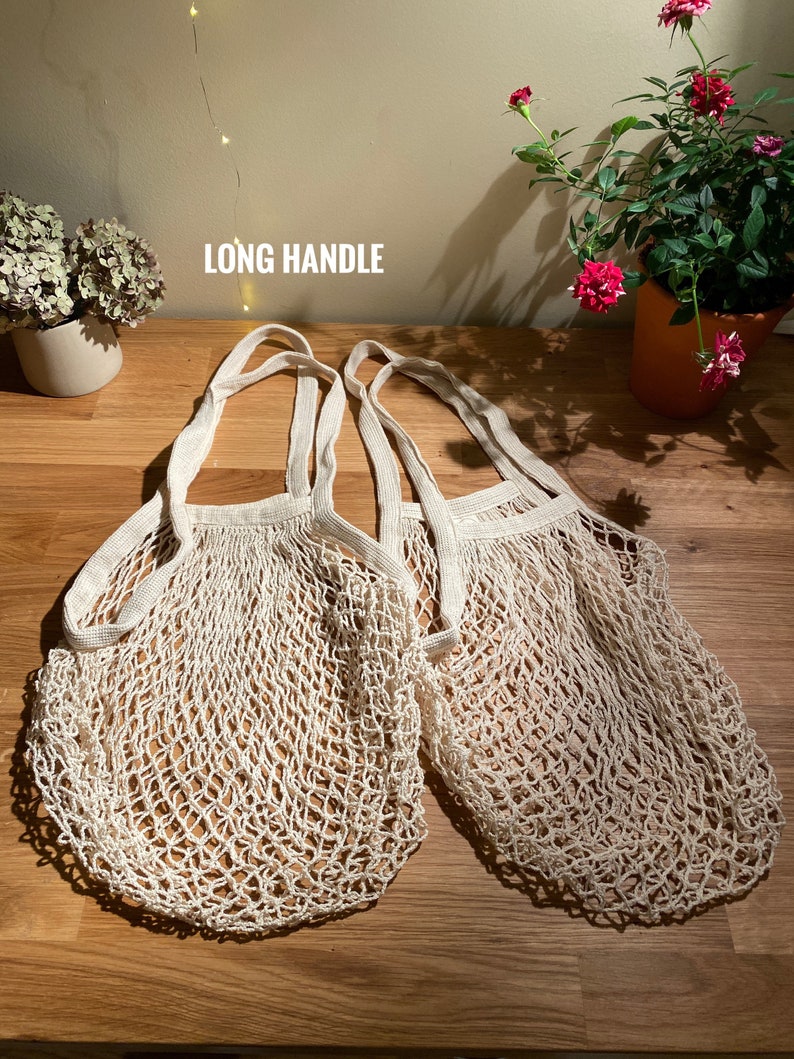 Long handle Net market Bag in Ivory/ cream color , Market bag, grocery net bag, beach bag, string bag, mesh bag, image 5