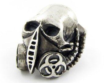 Anello teschio gotico, anello maschera antigas, anello teschio motociclista, gioielli satanici, anello occulto, anello rischio biologico, anello cyberpunk, gioielli Harley Davidson