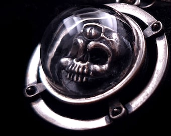 Goth skull necklace pendant charm chain for men / women, Memento Mori, Witchy, Occult jewelry, Satanic, Glass dome, Jawless, Punk, Skeleton