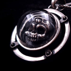 Goth skull necklace pendant charm chain for men / women, Memento Mori, Witchy, Occult jewelry, Satanic, Glass dome, Jawless, Punk, Skeleton image 1