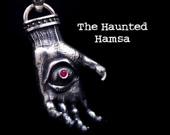 Collana Goth Hamsa, ciondolo occhio malvagio, catena a mano dell'orrore, gioielli satanici, strano stregone, amuleto di protezione psichedelica, chiromanzia, occulto