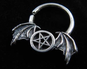 Goth pentagram septum ring, Septum ring 18g, 14g, Satanic jewelry, Occult body jewelry, Gothic septum ring, Pentagram nose ring, Witchy, Bat