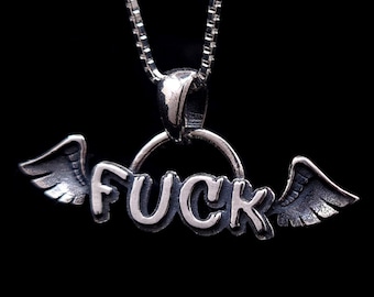 Flying fuck necklace, Profanity pendant, Rude chain, Funny adult gifts, Swear word, Curse words, Naughty charm, Goth jewelry, Middle finger