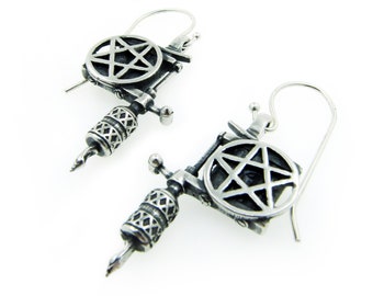 Pentagram earrings, Tattoo machine earrings, Goth dangle earrings, Satanic earrings, Occult earrings, Tattoo artist, witchy earrings