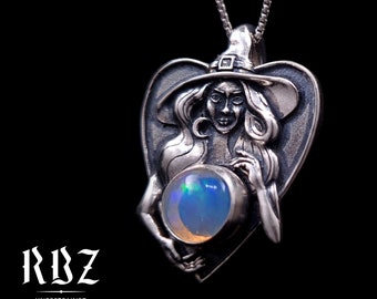 Crystal ball Witch necklace, Goth goddess pendant, Witchy Moon charm, Occult Wiccan chain, Unique Opal, Witchcraft, Fortune teller, Tarot