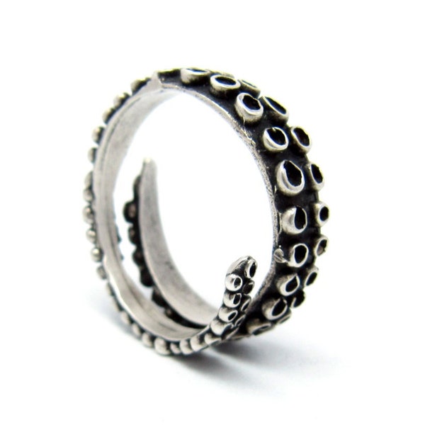 Oxidized Sterling Silver Octopus Tentacle Ring, Adjustable Biker Jewelry