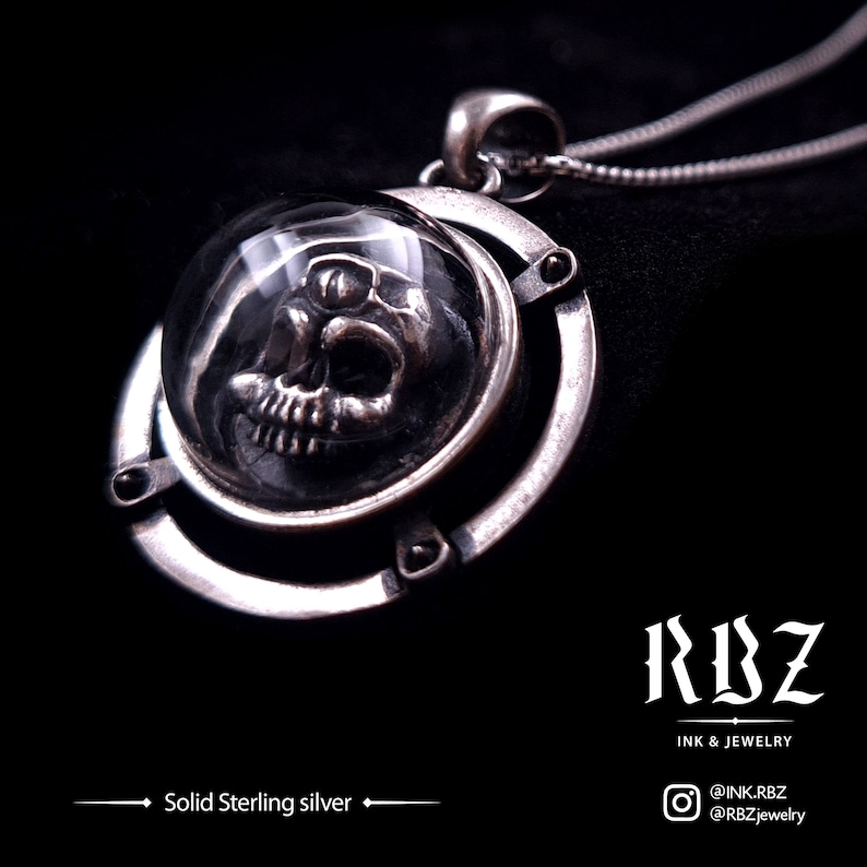 Goth skull necklace pendant charm chain for men / women, Memento Mori, Witchy, Occult jewelry, Satanic, Glass dome, Jawless, Punk, Skeleton image 1