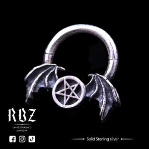 Goth Sterling Silber Pentagramm Septum Clicker Ring, Satanische Fledermaus Flügel (16g, 14g, 12g)