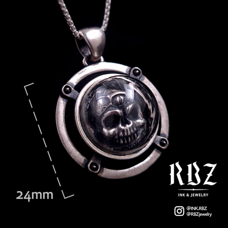 Goth skull necklace pendant charm chain for men / women, Memento Mori, Witchy, Occult jewelry, Satanic, Glass dome, Jawless, Punk, Skeleton image 2