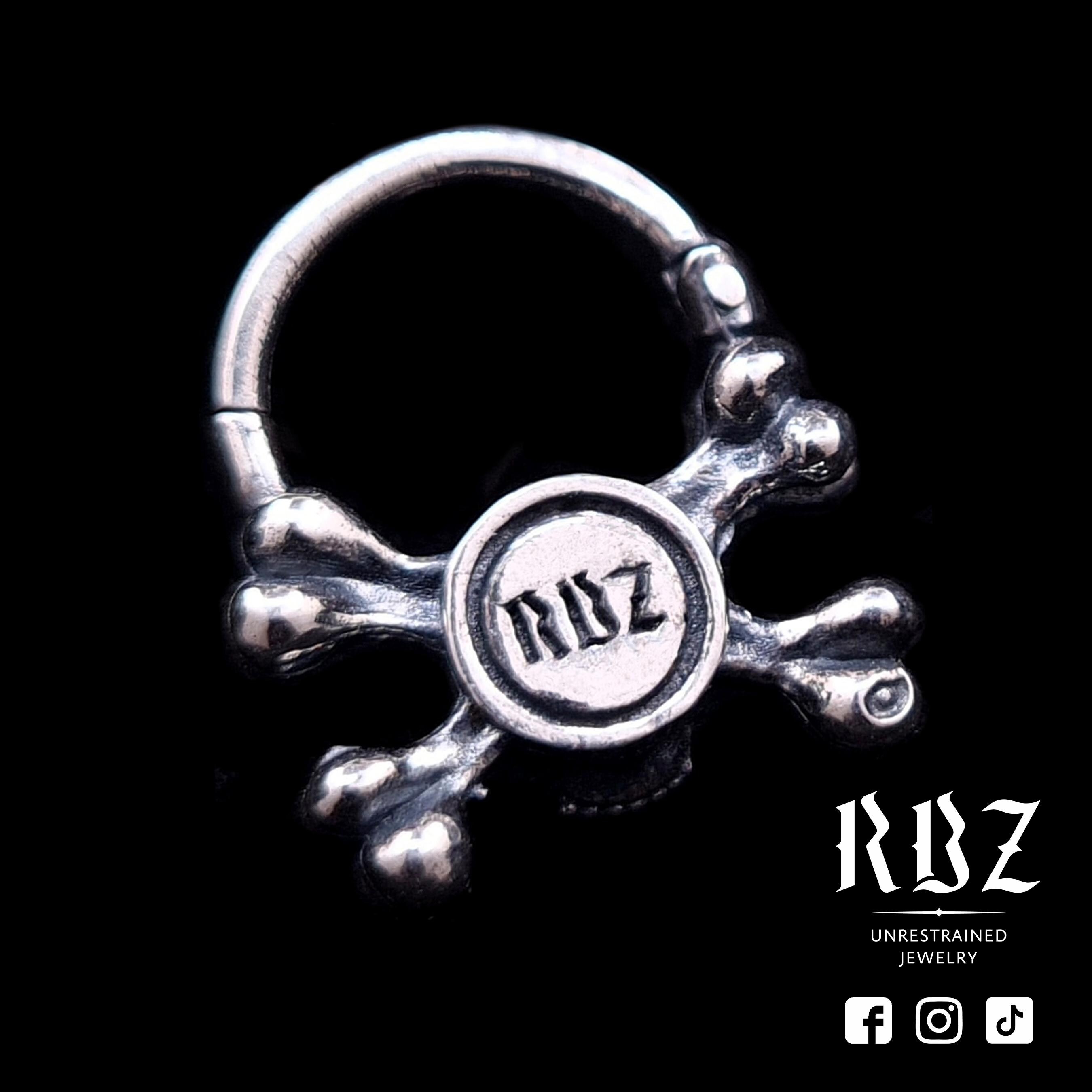 Sterling Silver Skull Septum Ring, Gothic Crossbones Clicker