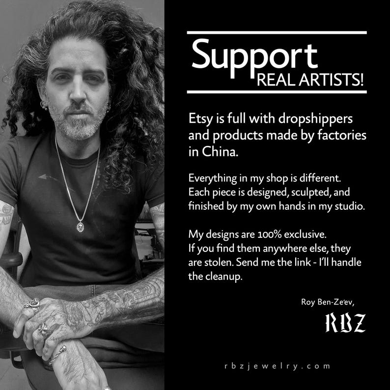 May include: A black and white image featuring a man with long curly hair and tattoos, alongside text that reads "Support REAL ARTISTS!" and details about handmade jewelry. The image promotes exclusive designs and handmade craftsmanship.