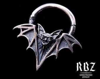 Gothic Bat Septum Ring, Sterling Silver Clicker Jewelry, Occult Bat Piercing (16g, 14g, 12g)