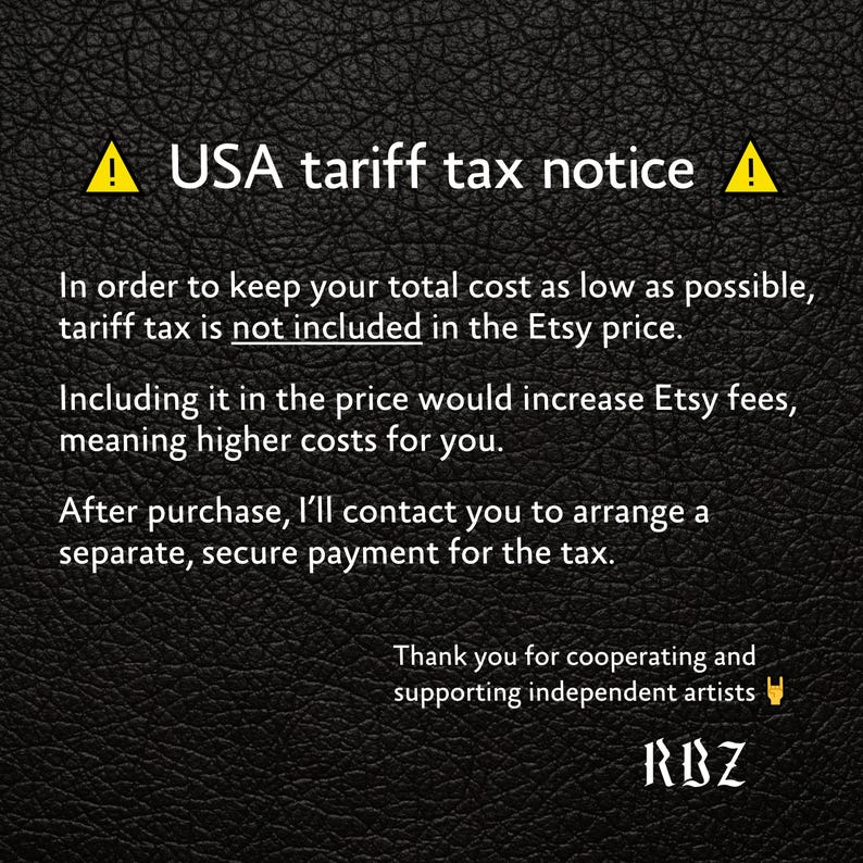 May include: Text on a black leather-textured background. The text reads "USA tariff tax notice" with a yellow triangle warning symbol. The text explains that the tariff tax is not included in the Etsy price.