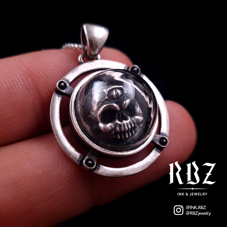 Goth skull necklace pendant charm chain for men / women, Memento Mori, Witchy, Occult jewelry, Satanic, Glass dome, Jawless, Punk, Skeleton image 3