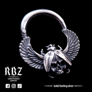 Goth Egyptian scarab septum ring, Skull clicker, Insect seamless piercing, Bug nose jewelry, 16g, 14g, 12g, Occult, Oddity, Unique, Witchy