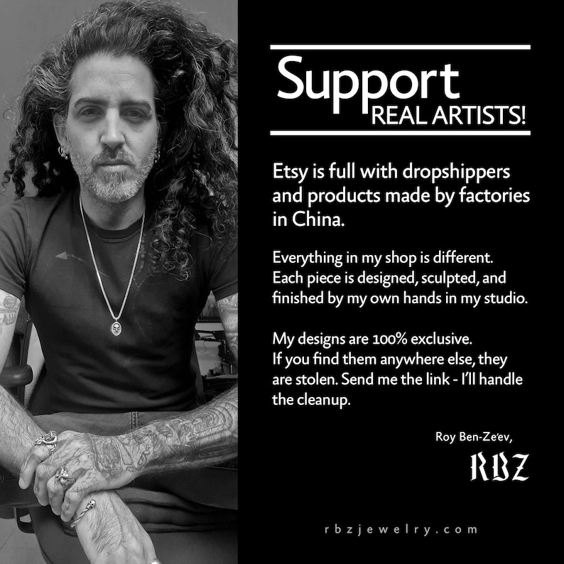 May include: A black and white image featuring a man with long curly hair and tattoos, alongside text that reads "Support REAL ARTISTS!" and details about handmade jewelry. The text emphasizes the exclusivity of the designs and the artist's commitment to craftsmanship.