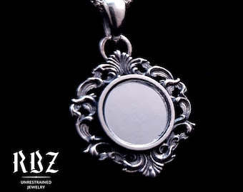 Gotiskt viktorianskt spegelhalsband i sterlingsilver, barockhänge