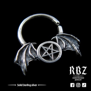 Anel de septo com pentagrama gótico, Clicker 16g, 14g, joias satânicas, joias corporais ocultas, anel de septo gótico, piercing de nariz com pentagrama, bruxaria, morcego
