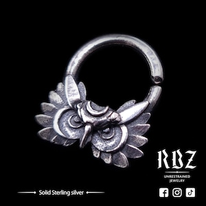 Owl septum ring, Goth clicker 16g, 14g, 12g, Occult body jewelry, Gothic septum ring, owl nose ring, Witchy, Bird septum, Nocturnal bird