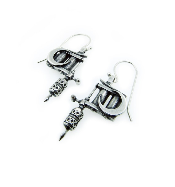 Crescent Moon Tattoo Machine Earrings, Sterling Silver 925, Tattoo Artist Gift