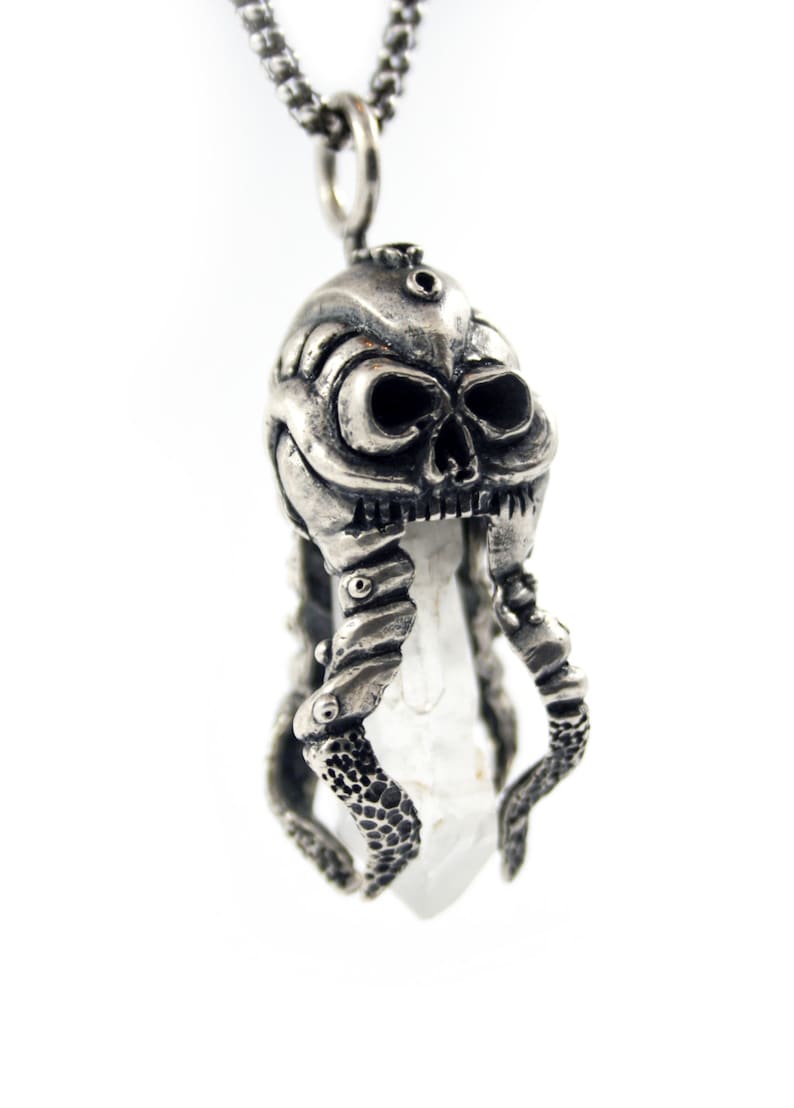 Octopus necklace, octopus pendant, cthulhu necklace, skull necklace, occult jewelry, crystal point, hp lovecraft, skull pendant image 1