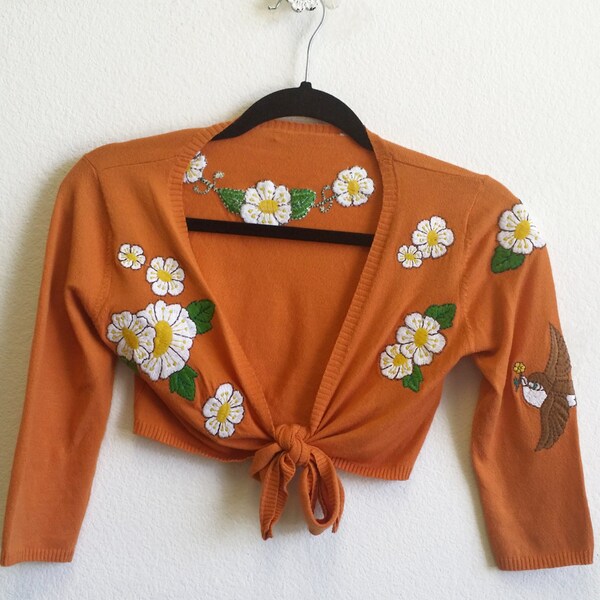 90's Orange Embroidered Wrap Tie Retro Vintage Pinup Hipster Sweater Size Small