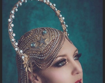 Golden Crystal Flapper Crown: 1920s Halo Headpiece